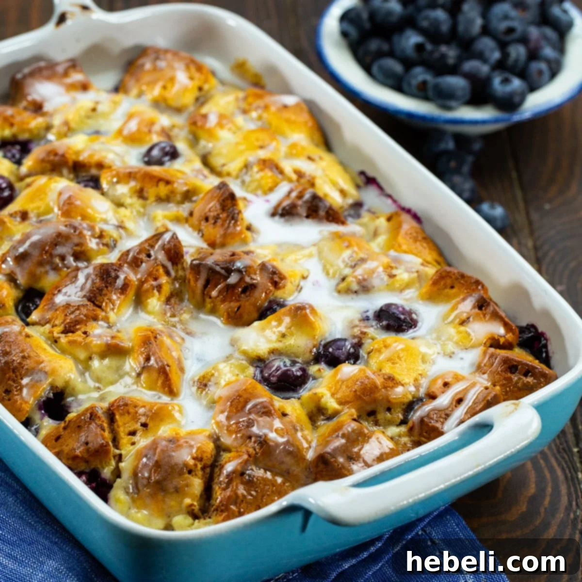 Blueberry Cinnamon Roll Bake in a baking dish, ready to be served.