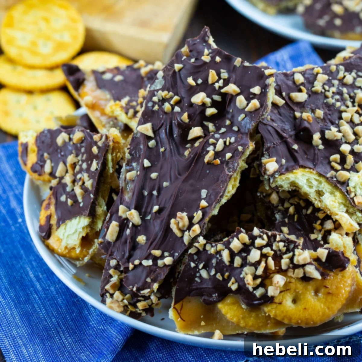 A beautiful plate showcasing golden Ritz Cracker Toffee pieces, generously coated in melted chocolate and sprinkled with crunchy toffee bits, ready to be enjoyed.