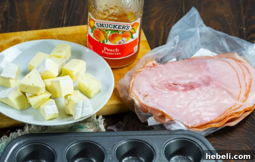 Golden Ham and Brie Pastry Bites 3 Ingredients for puff pastry cups.
