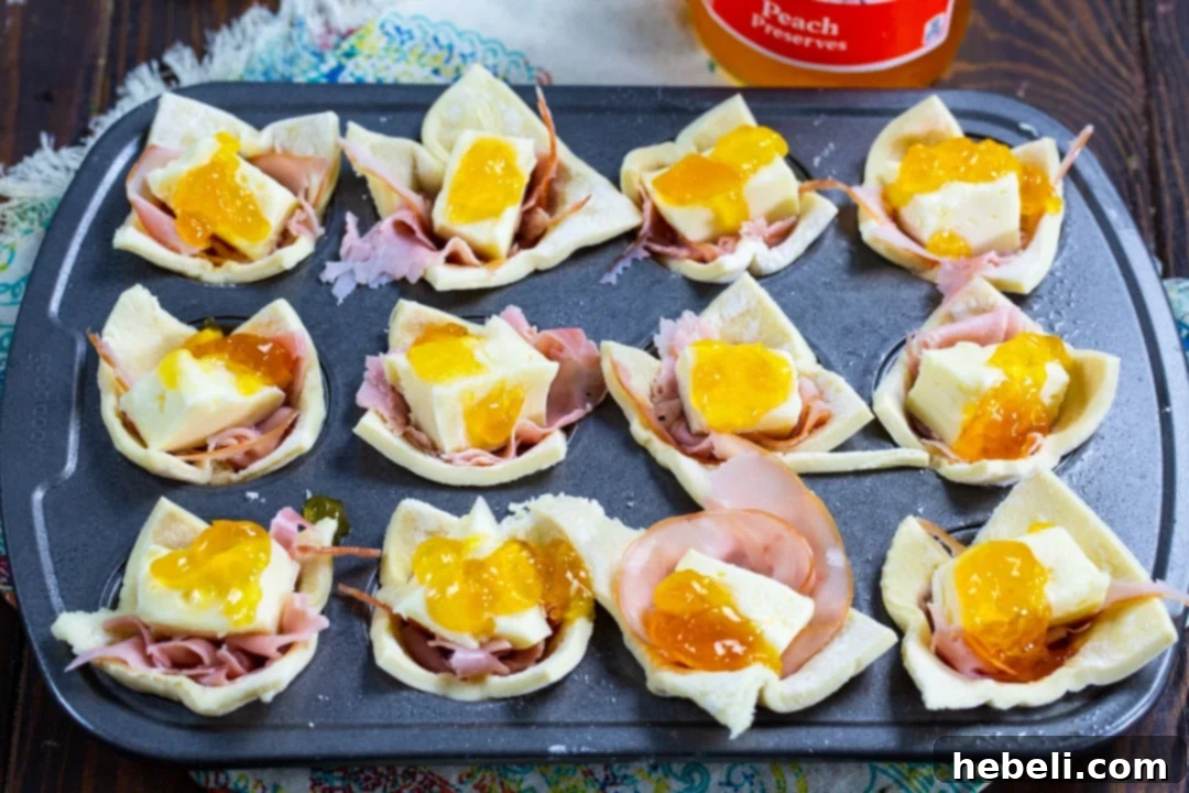 Golden Ham and Brie Pastry Bites 4 Ham and Brie Cups just before being placed in oven.