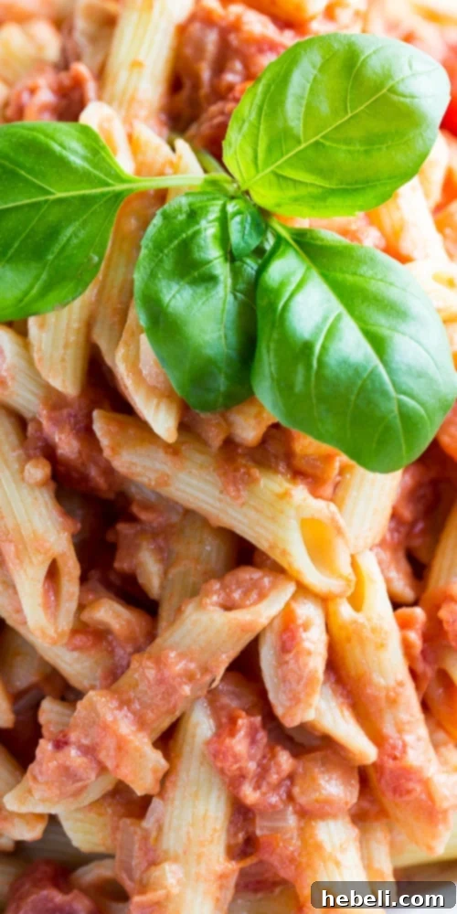 Close-up of a serving of Penne Alla Vodka, perfectly dressed with a rich, creamy sauce and a sprinkle of fresh basil, emphasizing its delicious texture.
