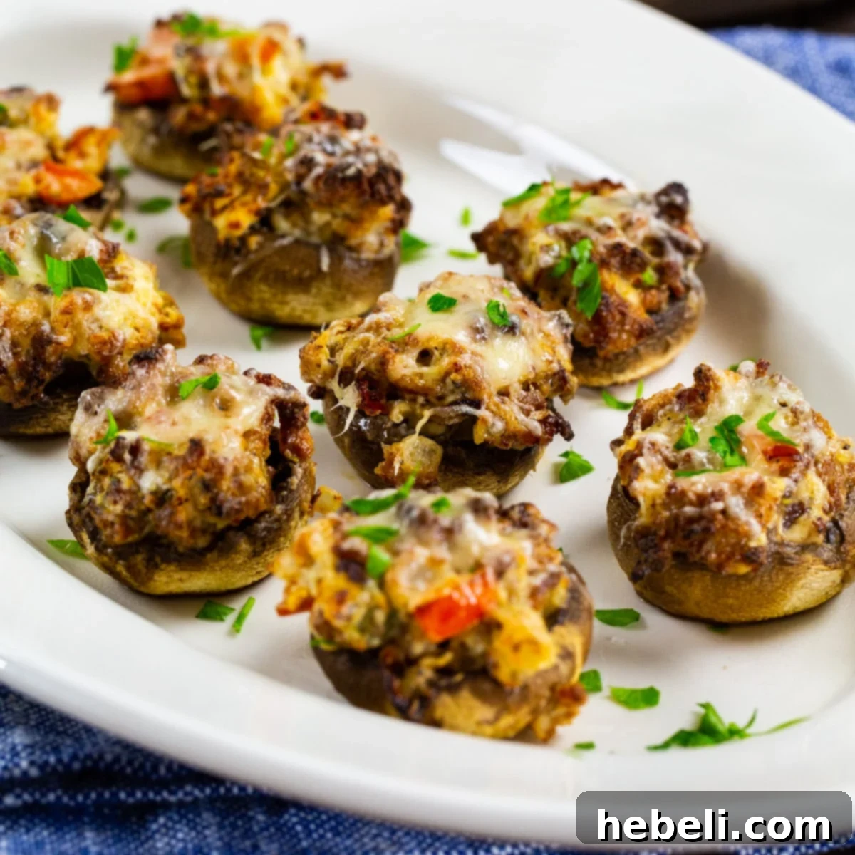 Air Fryer Sausage Stuffed Mushrooms on a plate, garnished with fresh parsley.