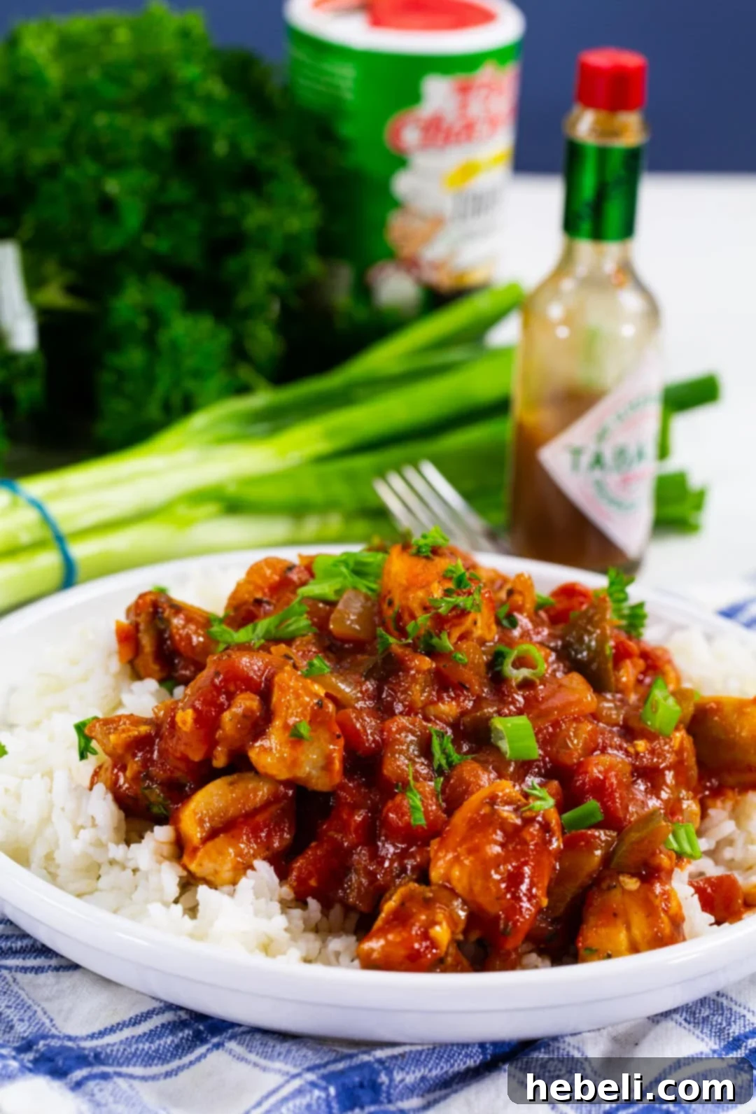 A plate of Chicken Creole served over white rice, garnished with green onions and parsley.
