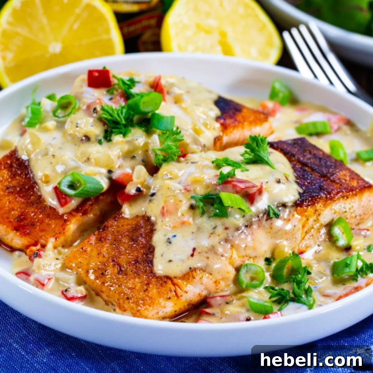 Creamy Parmesan Cajun Salmon 2 Cajun Salmon with Creamy Parmesan Sauce on a plate, beautifully garnished.