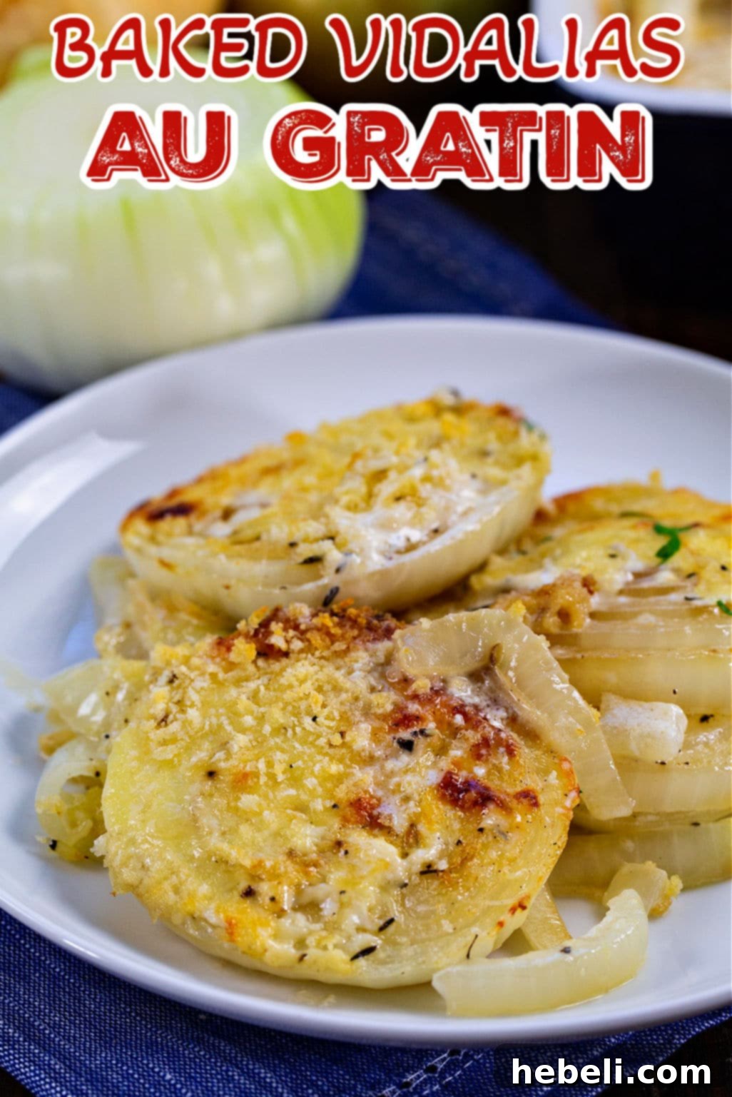 Sweet & Creamy Vidalia Gratin 7 A serving of Baked Vidalias Au Gratin on a white plate, showcasing the golden topping and tender onions.
