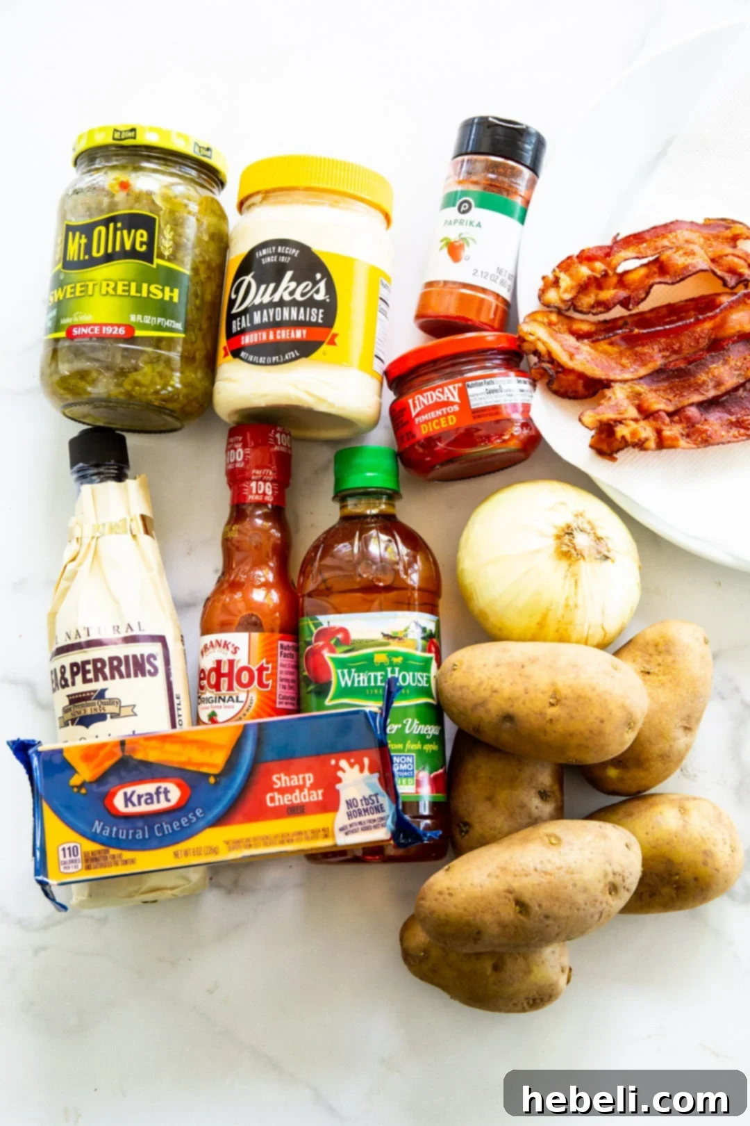 Carefully selected ingredients for making the best Pimento Cheese Potato Salad.