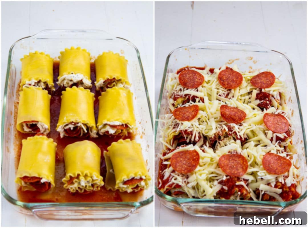 Uncooked lasagna rolls in baking dish.