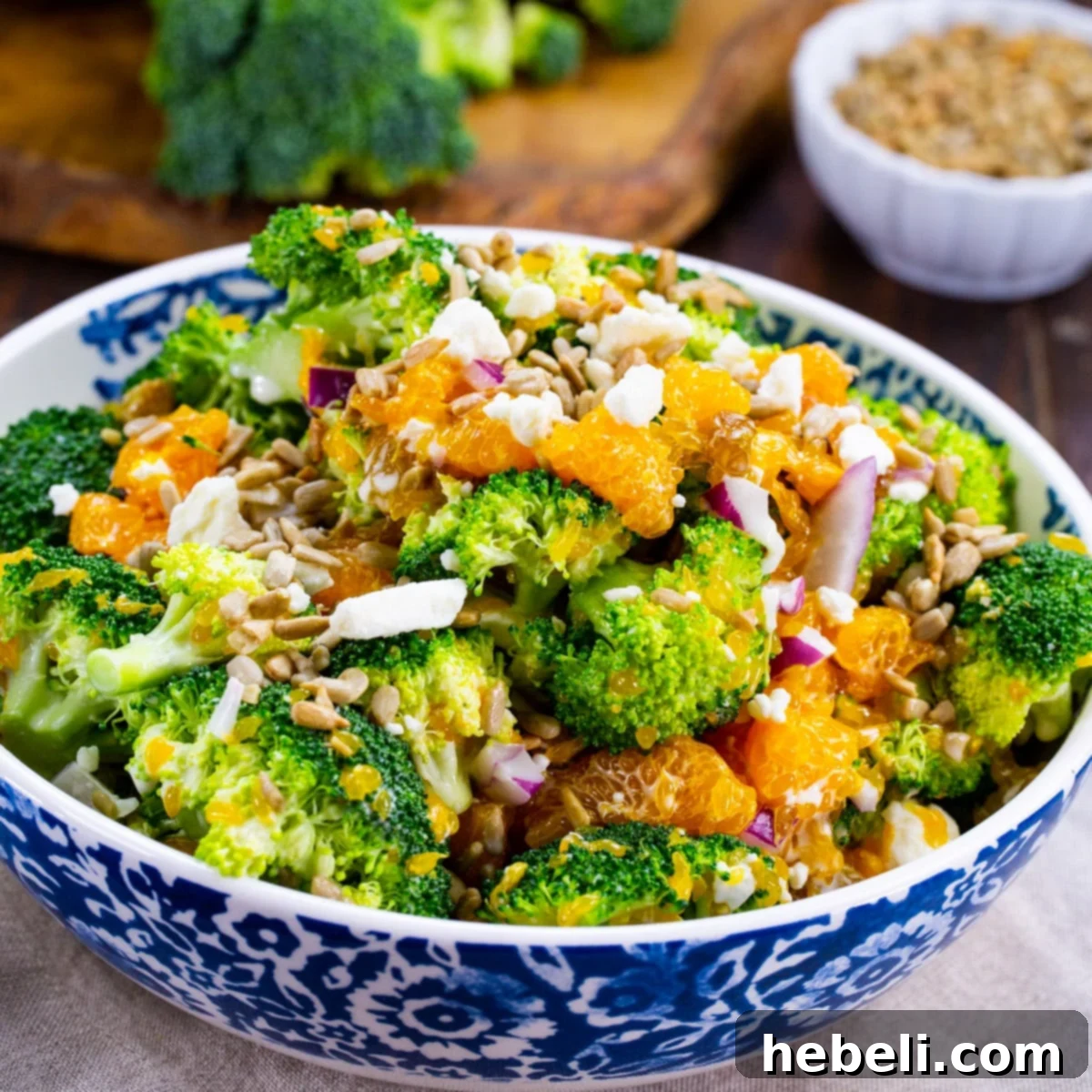 Zesty Orange Feta Broccoli Salad 2 A beautifully presented bowl of Broccoli Orange Feta Salad, showcasing the vibrant green broccoli, bright orange segments, and creamy feta cheese, ready for serving.