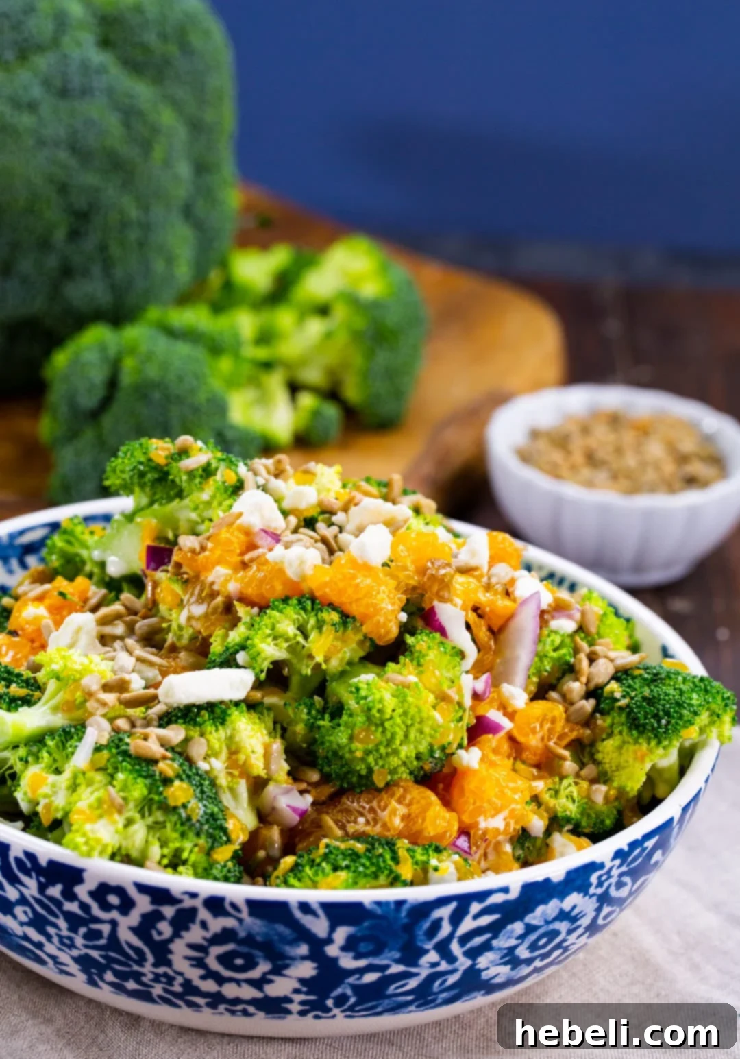 Zesty Orange Feta Broccoli Salad 4 Close-up of Broccoli Orange Feta Salad in a serving bowl, highlighting the colorful ingredients and creamy dressing.