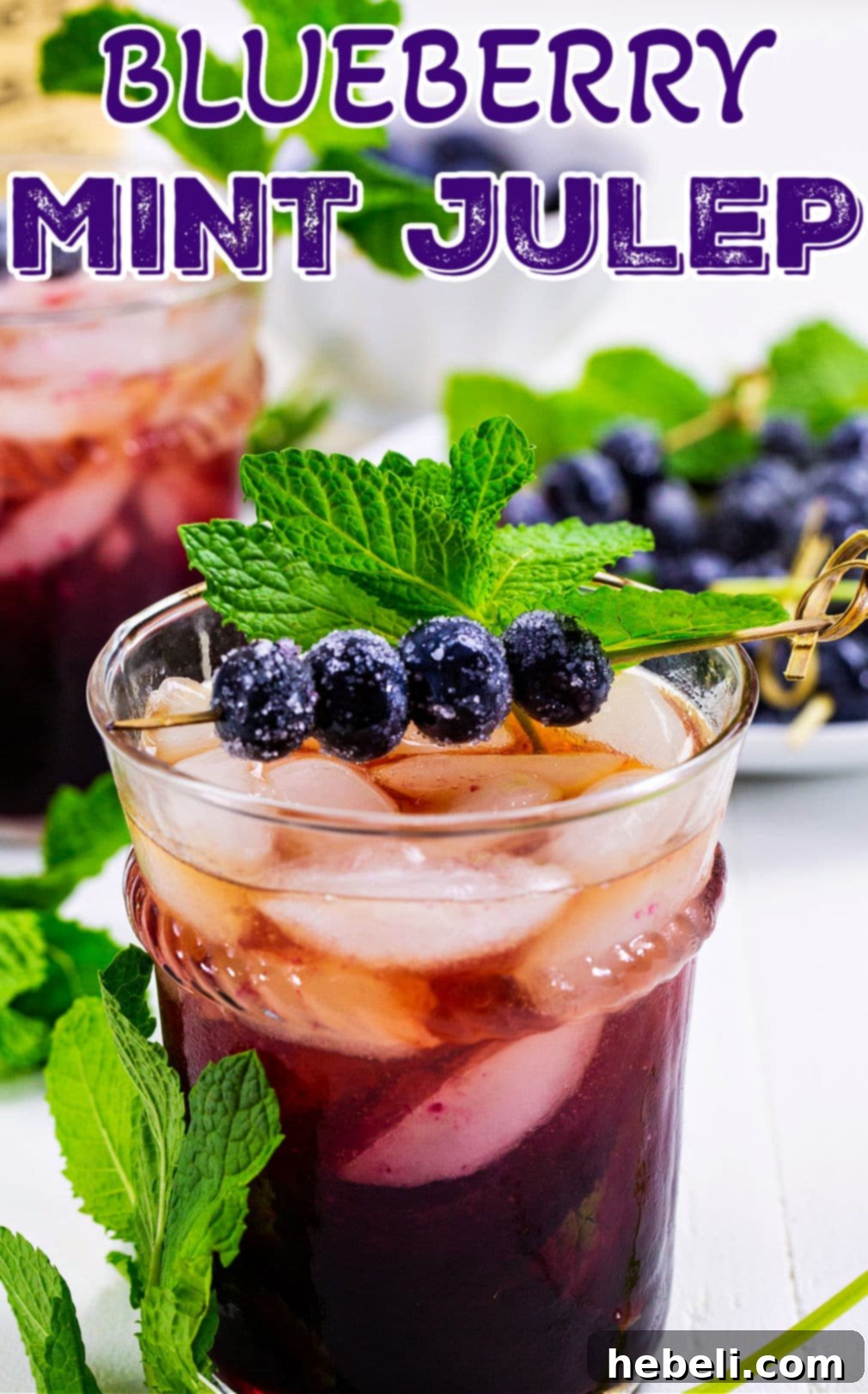 Close-up of a single Blueberry Mint Julep, highlighting the vibrant colors of the blueberries and mint against the frosted glass of the julep cup.