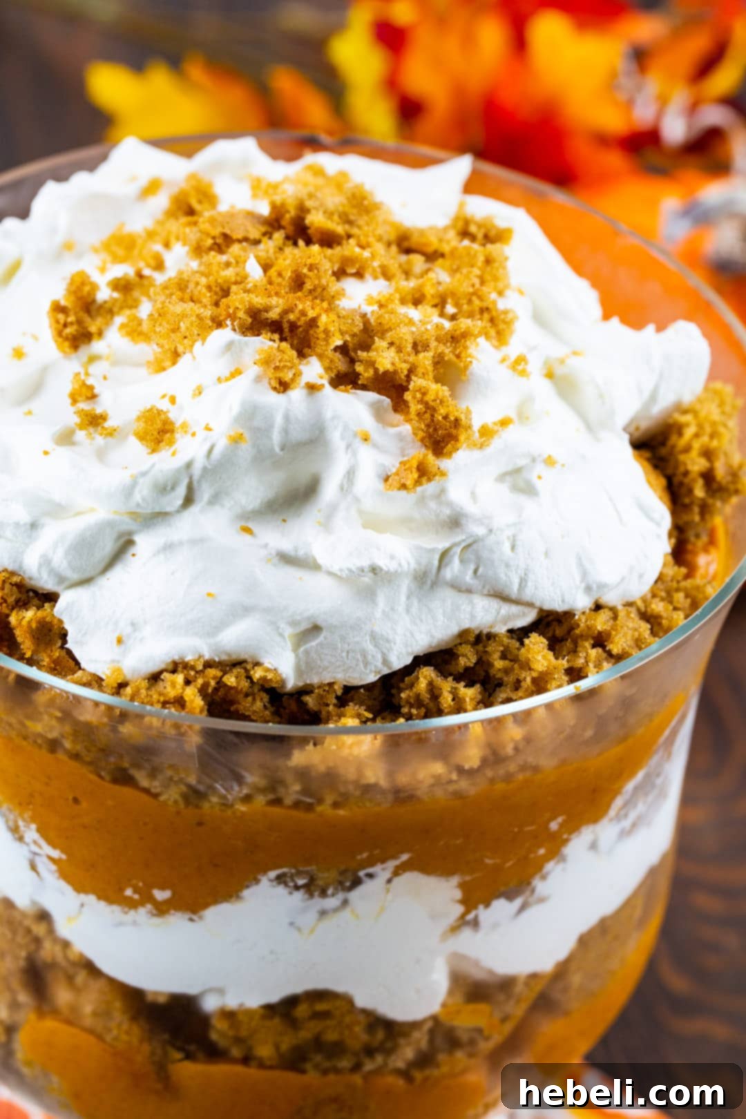 Autumn Butterscotch Pumpkin Trifle 3 Close-Up of Pumpkin Trifle layers, showing the moist cake and creamy pudding.