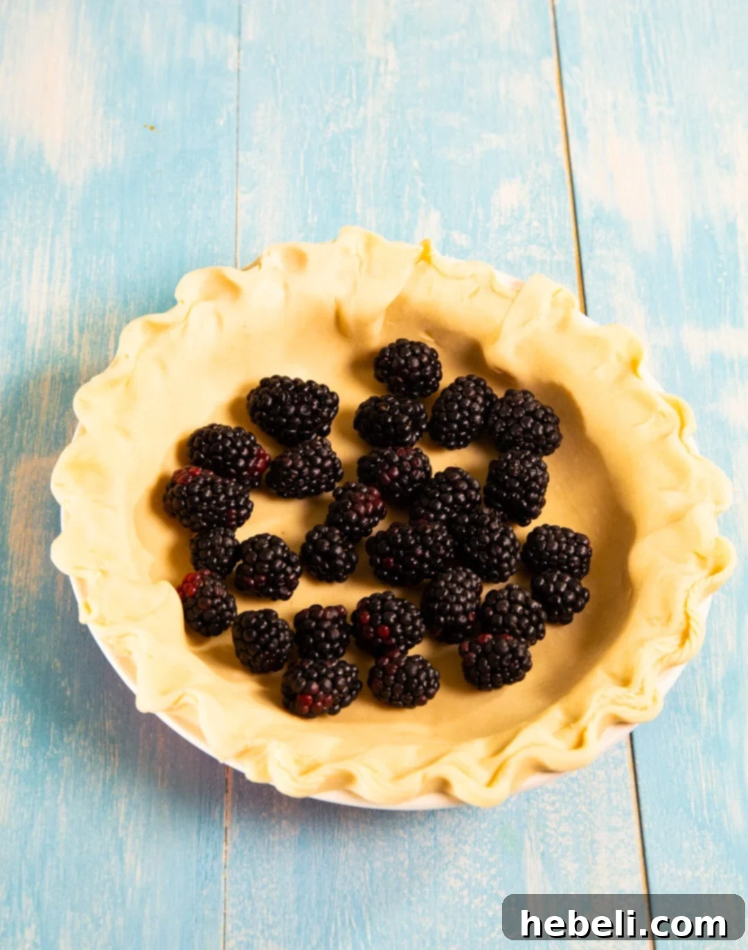 A deep-dish pie crust filled generously with fresh, dark blackberries, ready for the buttermilk custard.