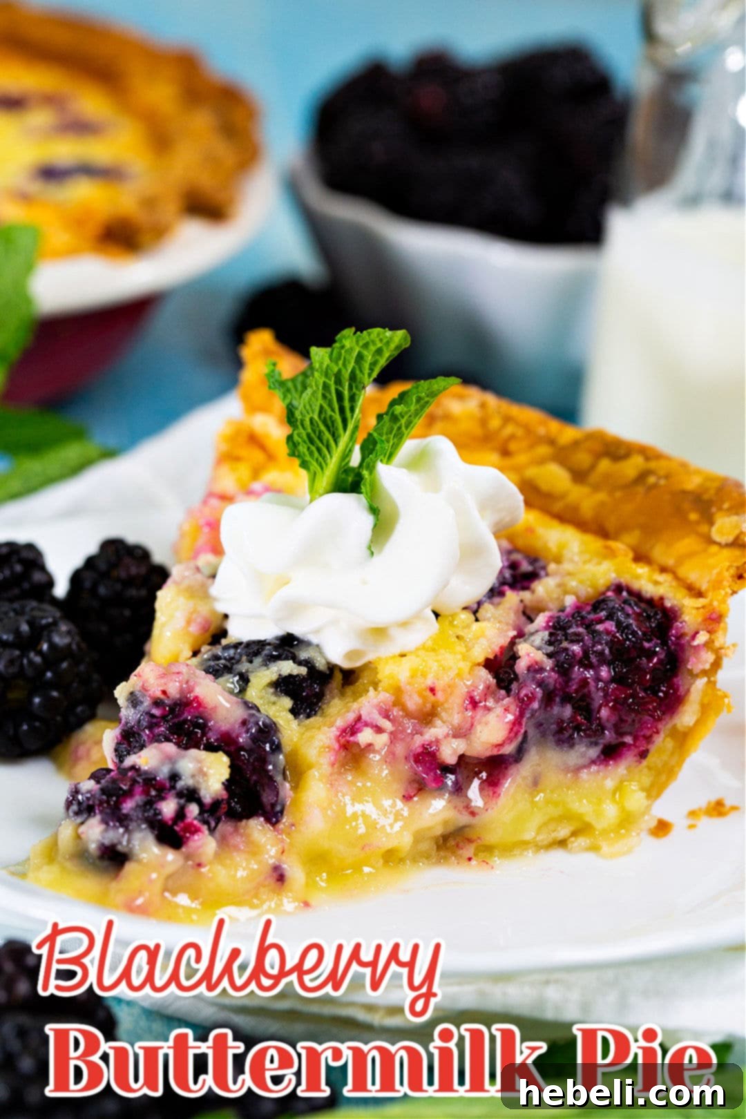 A close-up of a slice of Blackberry Buttermilk Pie, perfectly set and adorned with fresh whipped cream and a few blackberries.