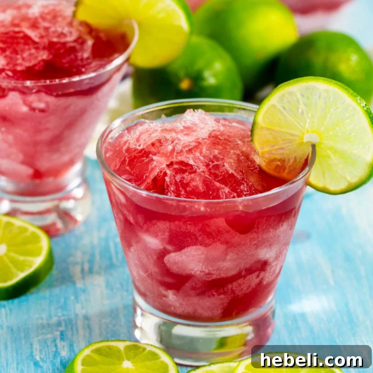 Cosmo Slush in two glasses, garnished with lime wedges.