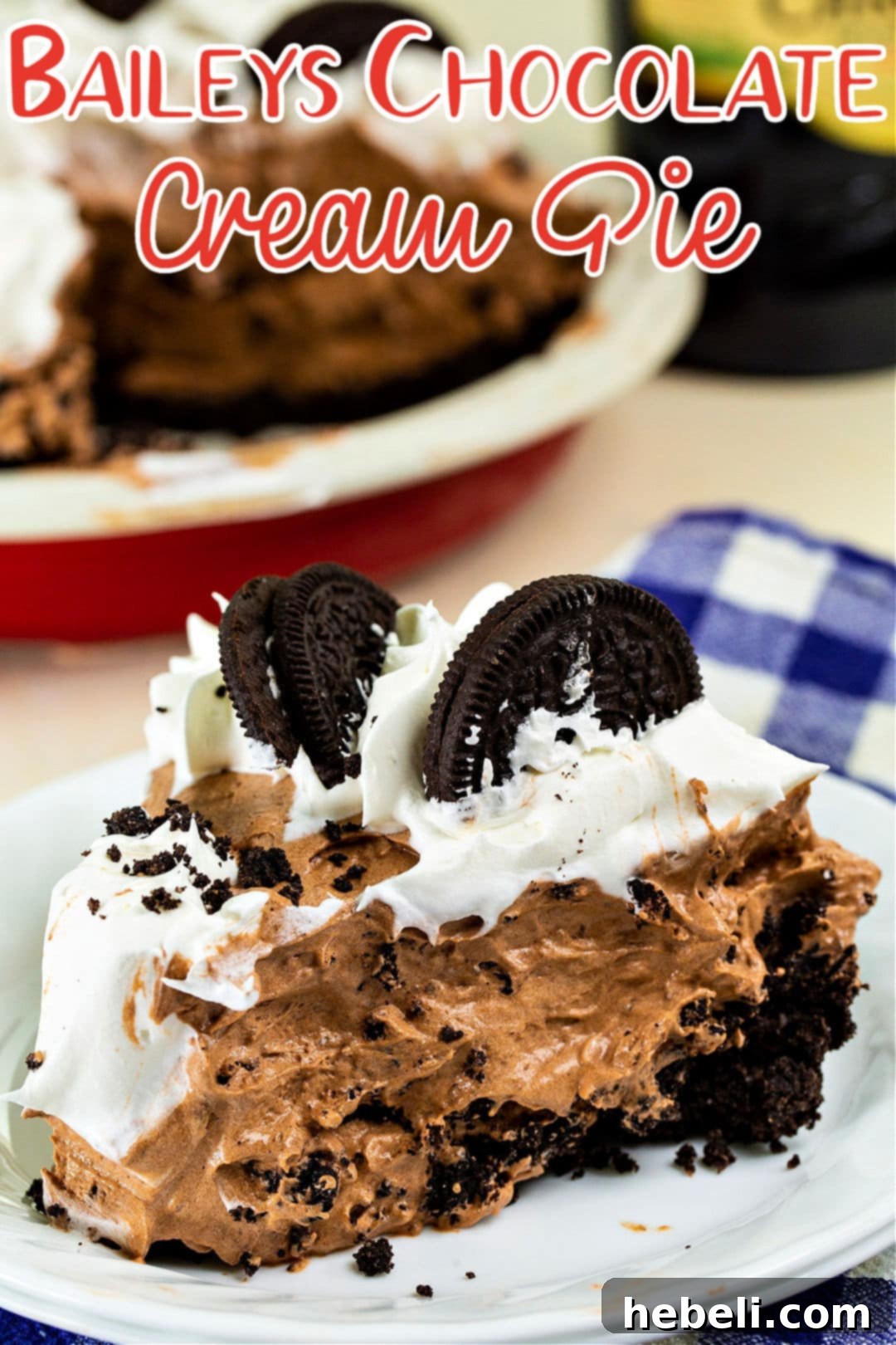 Baileys Chocolate Cream Pie slice on a plate.