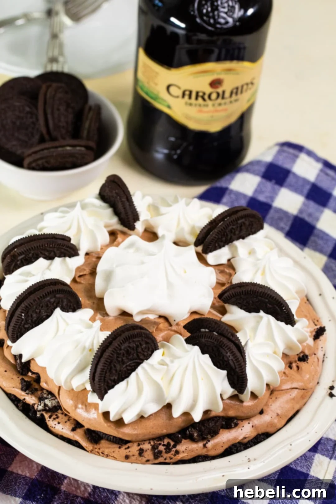 Baileys Chocolate Cream Pie in pie plate.