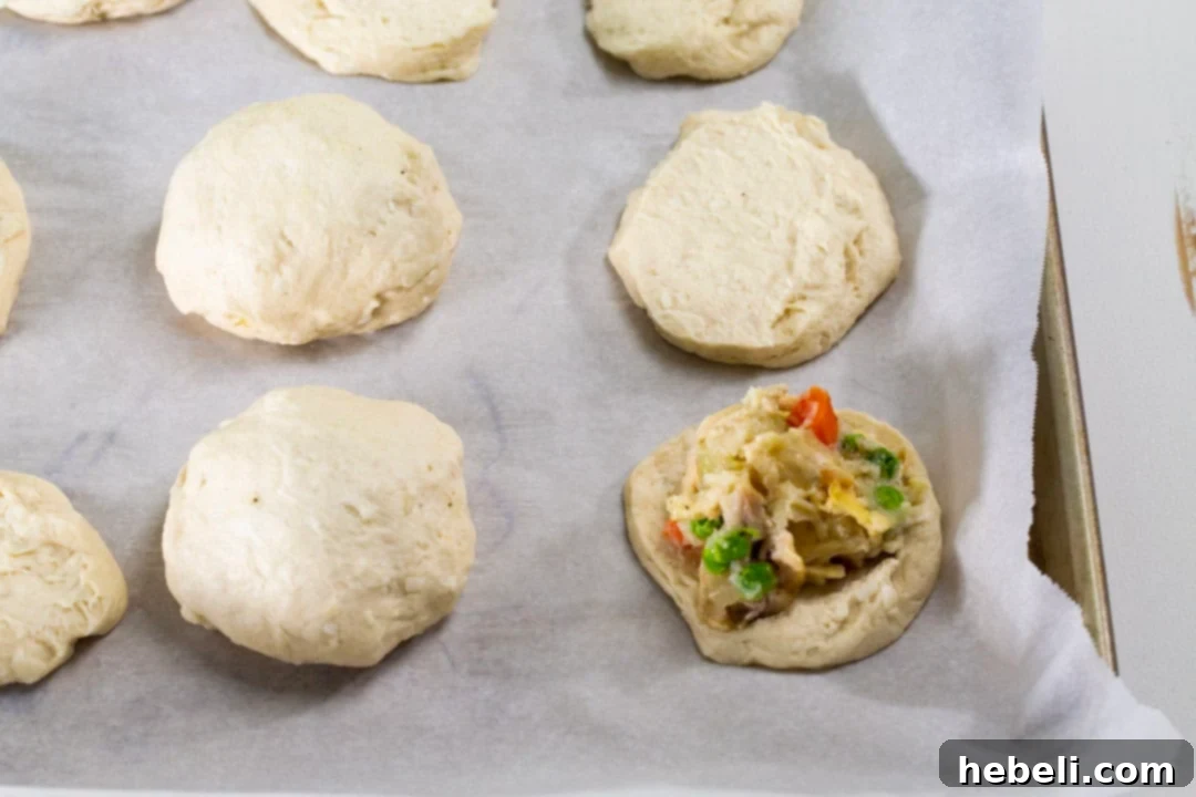 Hearty Chicken and Biscuit Pot Pie 3 Hands assembling Chicken Pot Pie Biscuits, placing filling onto biscuit halves.