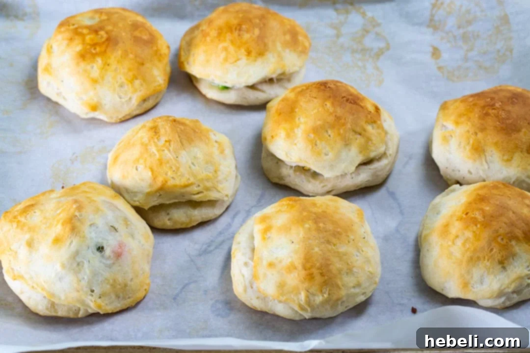 Hearty Chicken and Biscuit Pot Pie 4 Freshly baked Chicken Pot Pie Biscuits arranged on a baking sheet, golden and inviting.