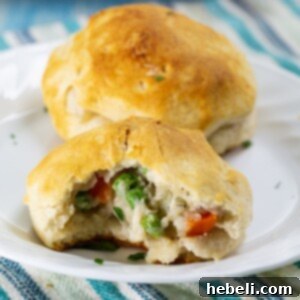 Close-up of a Chicken Pot Pie Biscuit, showcasing the filling and golden-brown crust.