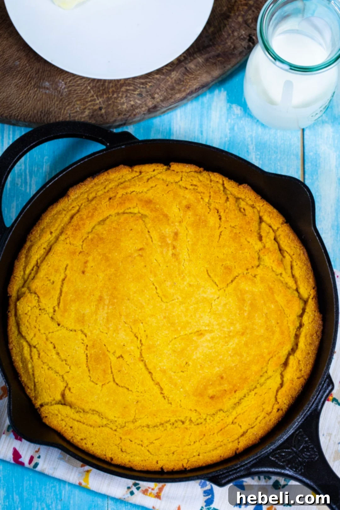 Golden brown cornbread freshly baked in a cast iron pan.