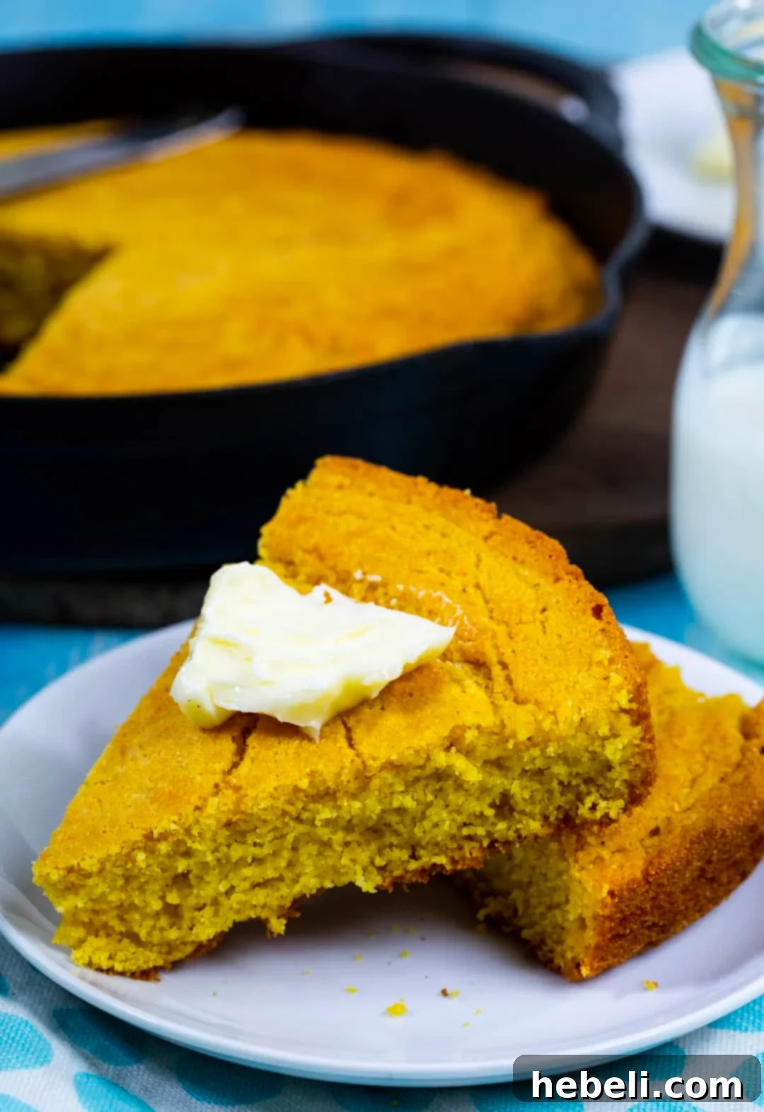 A large slice of Buttermilk Cornbread topped with a melting pat of butter, ready to eat.