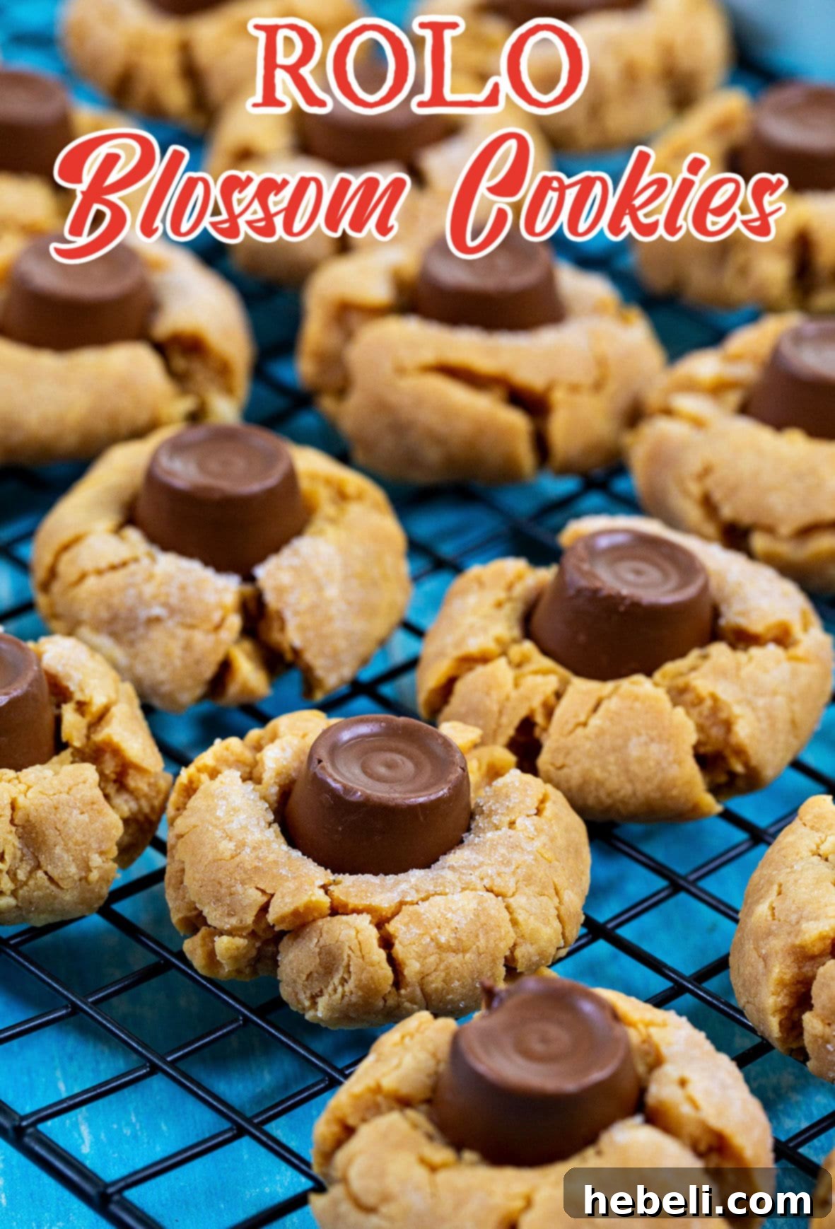 Chewy Caramel Chocolate Blossoms 5 Stack of freshly baked Rolo Blossom Cookies on a wire cooling rack, ready to be enjoyed.