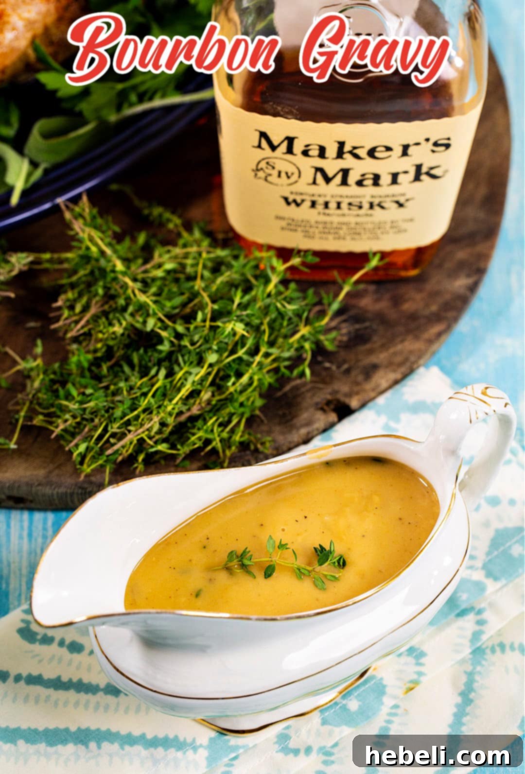 Rich Bourbon Gravy 5 A close-up of a gravy boat overflowing with golden Bourbon Gravy, ready for serving.