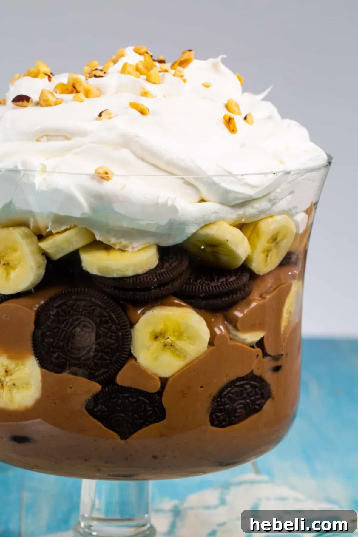 Decadent Nutella Banana Pudding 5 The finished Nutella Banana Pudding, beautifully layered in a trifle dish, ready to be served, showcasing its rich texture and appealing presentation.