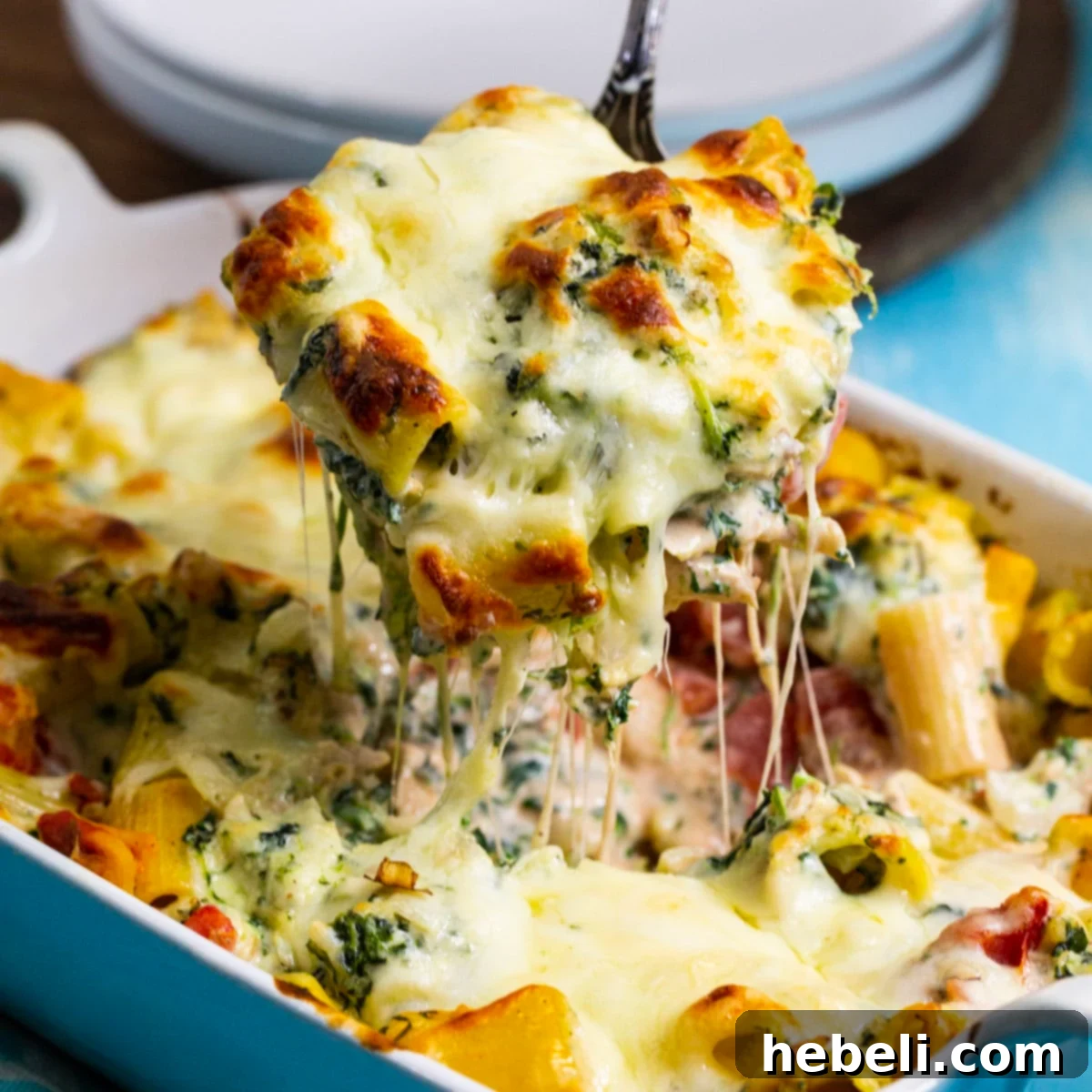 Spoon lifting a generous serving of Chicken Spinach Rigatoni out of a baking dish, highlighting its creamy texture and gooey cheese.