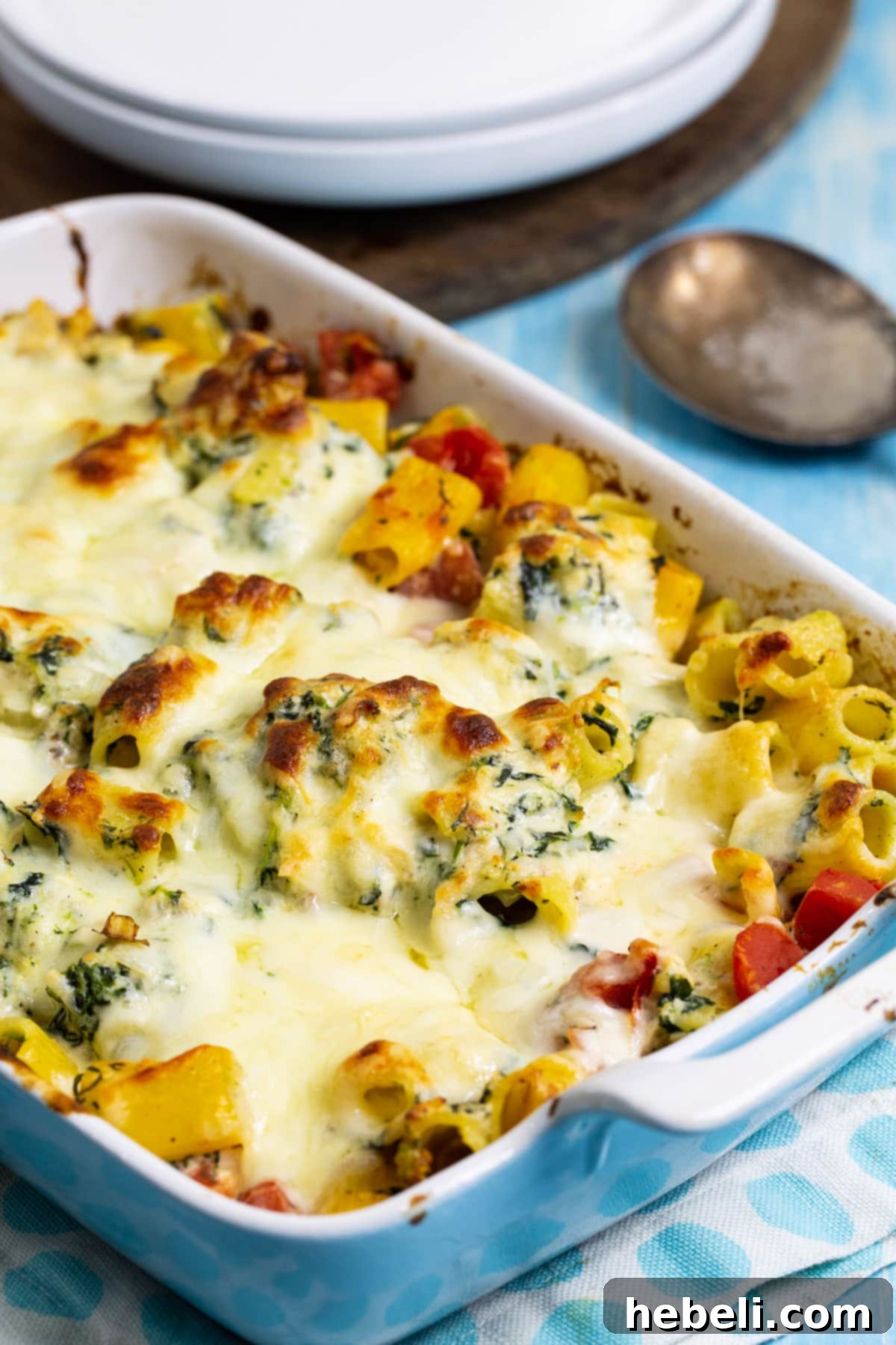 Close-up of baked Rigatoni in a 9x13 inch baking dish, showing melted cheese and visible chicken and spinach pieces.