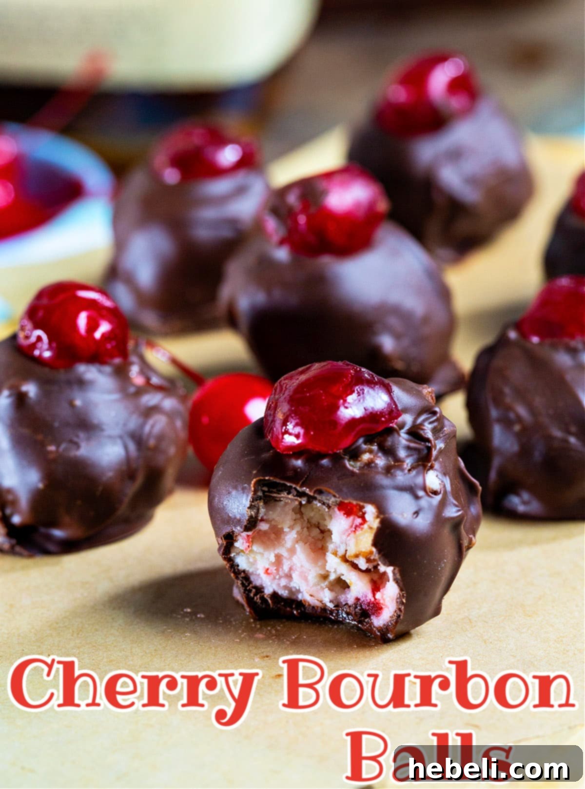 Close-up of a platter of perfectly formed and chocolate-coated Cherry Bourbon Balls, ready to be served.