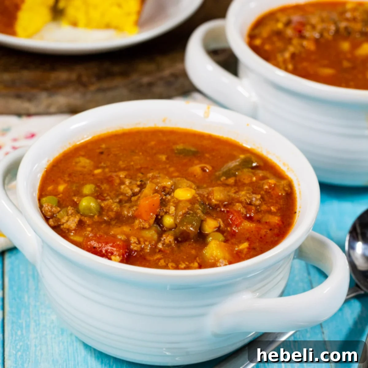 Hamburger Stew served in rustic soup bowls, ready to be enjoyed.