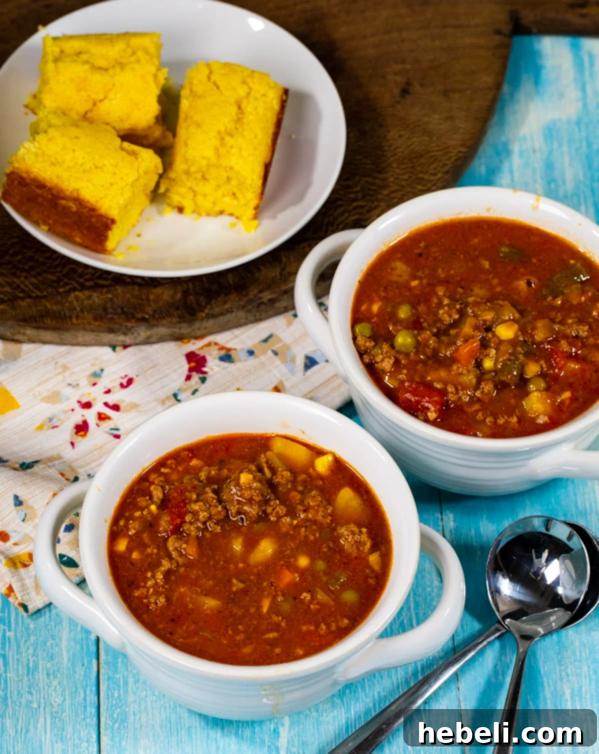 Hamburger Stew served in two bowls with a side of cornbread.