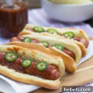 Hot Dogs with Dr Pepper Barbecue Sauce, ready to be served.