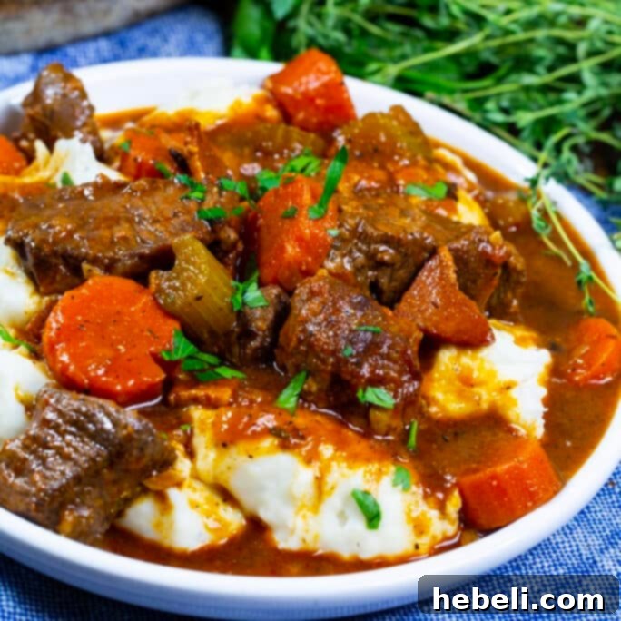 Guinness-Braised Irish Beef Stew 2 Rich Irish Guinness Beef Stew served generously over creamy mashed potatoes, garnished with fresh parsley.