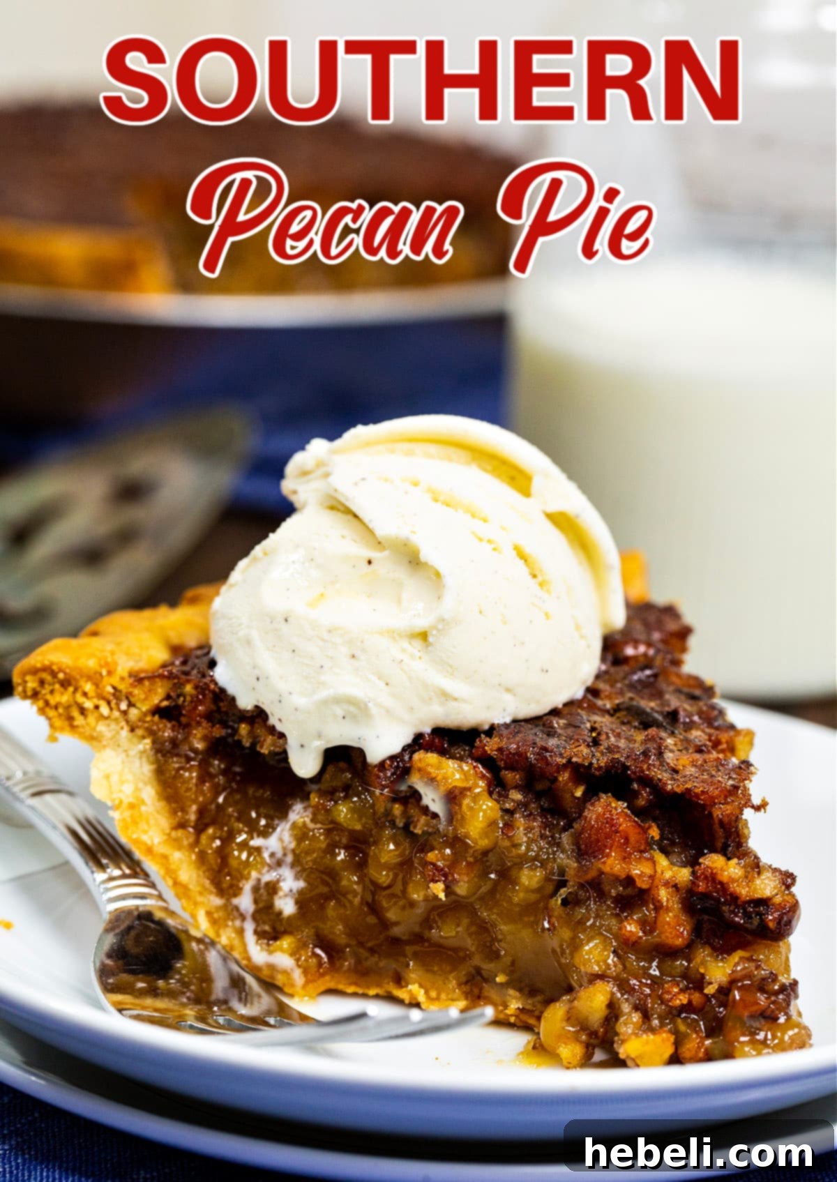 A sumptuous slice of Southern Pecan Pie, featuring a rich, ooey-gooey filling studded with pecans, served with a perfect scoop of vanilla ice cream, embodying pure dessert bliss.