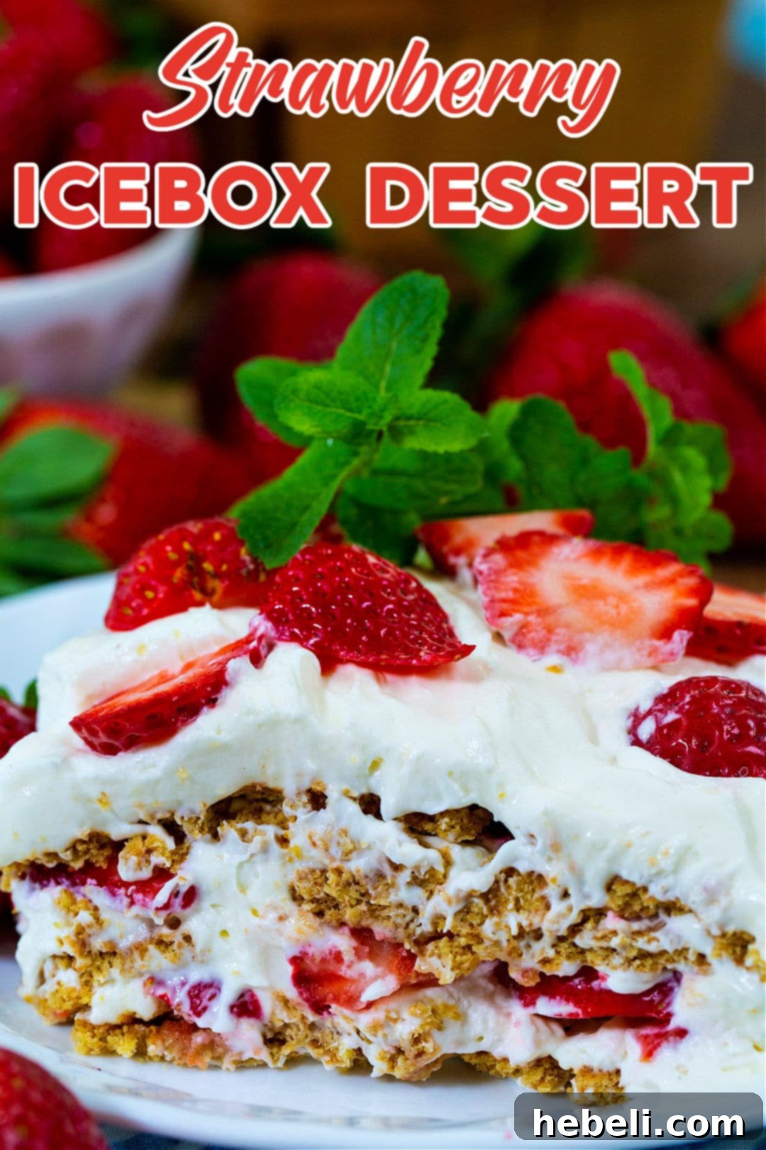 A close-up of the beautiful layered texture of the Strawberry Icebox Dessert, highlighting its creamy and fruity appeal.