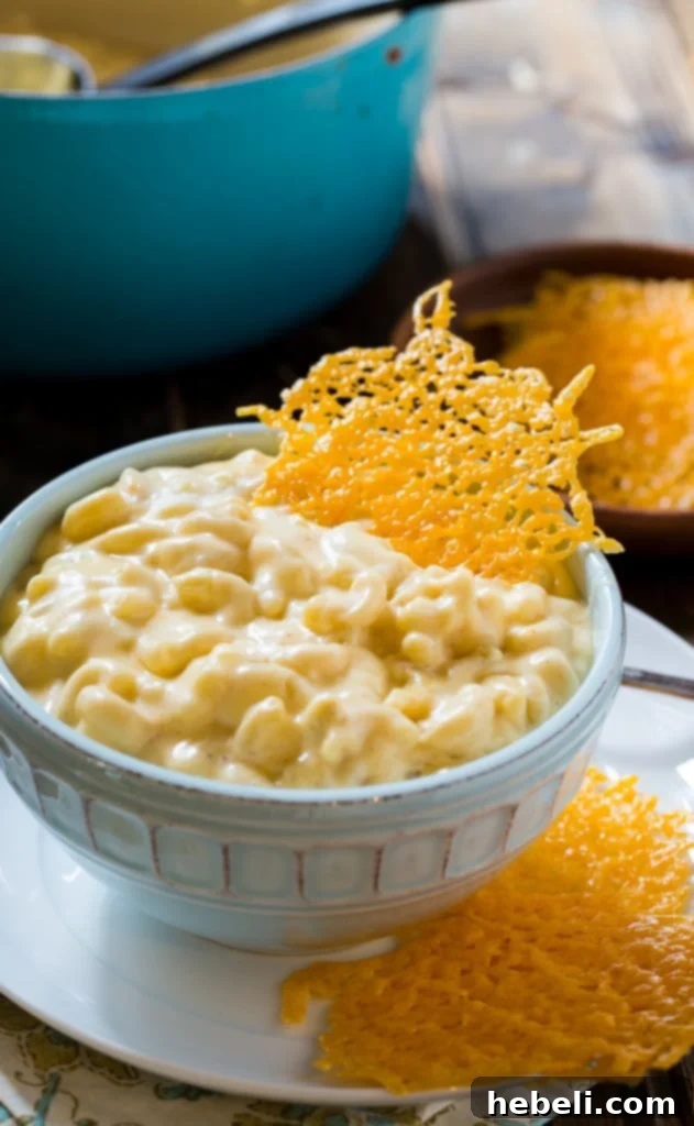 Stovetop Mac with Cheesy Crunch 3 A close-up shot of a single cheese crisp perfectly placed within a bowl of Stovetop Mac and Cheese, highlighting its golden texture.