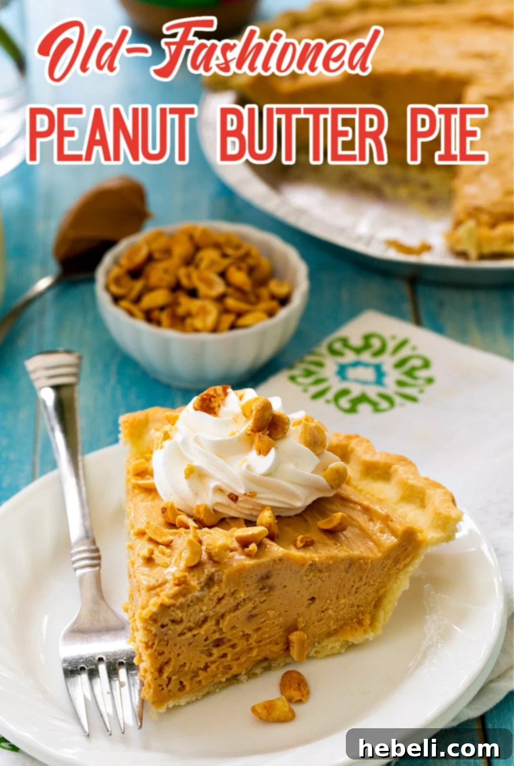 Homestyle Peanut Butter Pie 4 A pristine slice of Old-Fashioned Peanut Butter Pie, showing its distinct layers and creamy texture, presented beautifully on a plate.