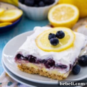 A top-down view of the Blueberry Lemon Layer Dessert, showcasing all layers and the creamy topping, garnished with fresh blueberries.