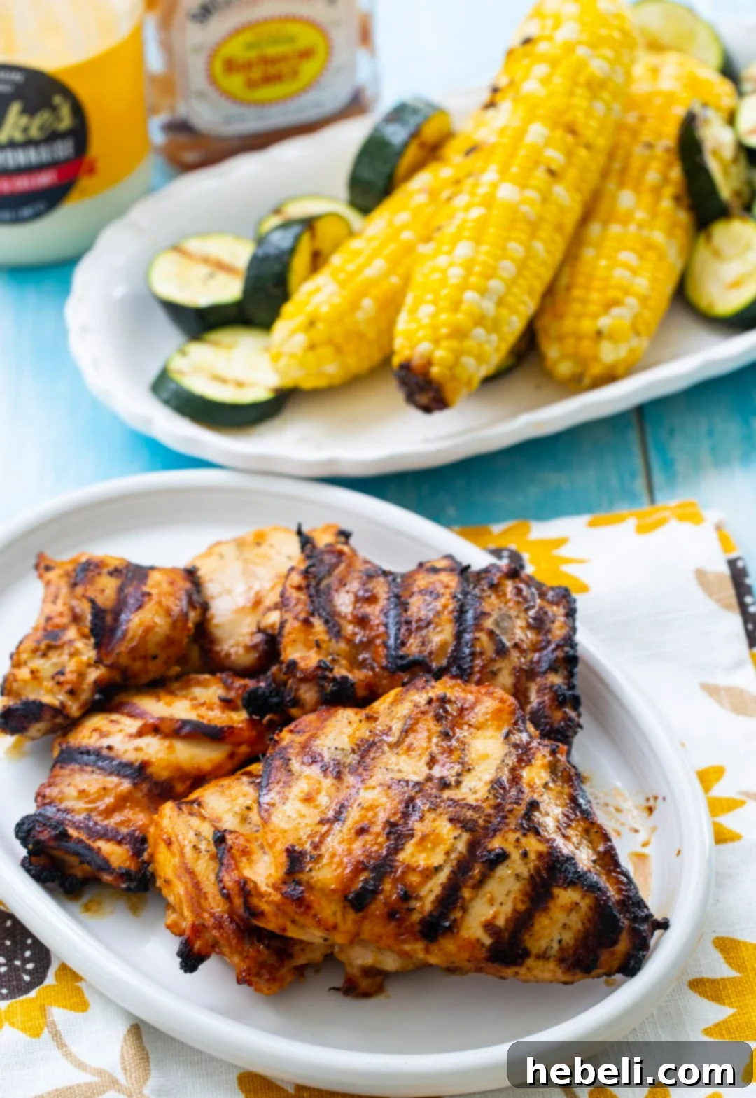 Smoky Tangy Grilled Chicken 5 A close-up shot of BBQ Mayo Marinated Grilled Chicken on a serving plate, highlighting its rich color and appetizing texture.