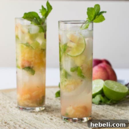 Summer Nectarine Mojito 2 Two vibrant Nectarine Mojitos in tall glasses, garnished with fresh mint leaves and lime wedges, perfect for a summer day.