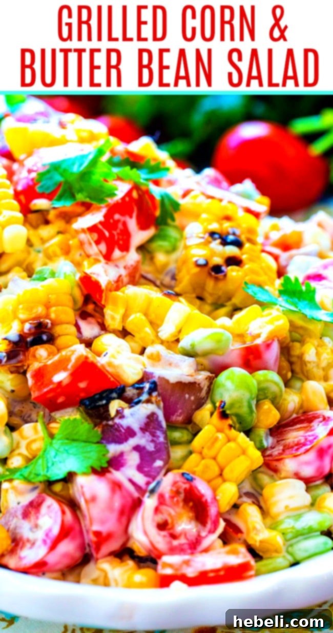 Charred Corn and Butter Bean Summer Medley 6 Close-up of a serving of Grilled Corn Salad, highlighting the charred kernels, creamy dressing, and fresh herbs.