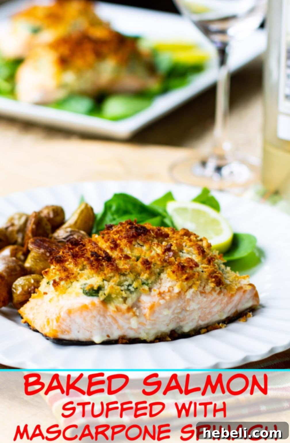 Baked Salmon Stuffed with Mascarpone Spinach arranged artfully on a plate, ready to be served.