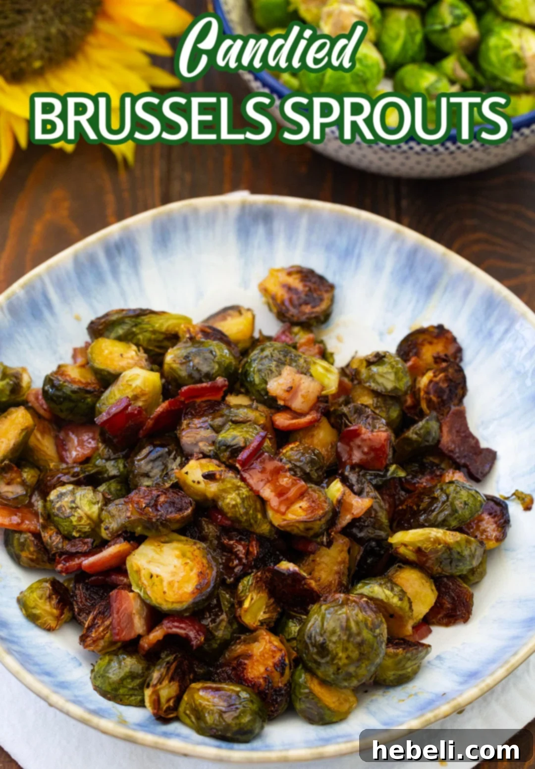 A bowl of Candied Brussels Sprouts with bacon, ready to be devoured.