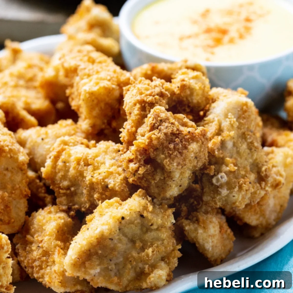 Crispy Chicken Nuggets on a plate with a bowl of homemade honey mustard dipping sauce, ready to be enjoyed.