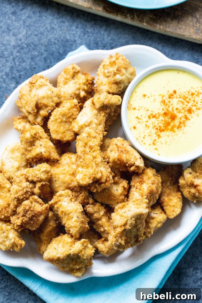 Overhead shot of crispy chicken nuggets artfully arranged on a plate, accompanied by a small bowl of honey mustard dipping sauce.