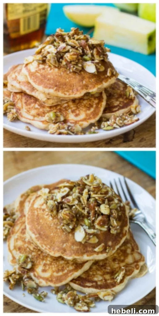 Healthy Whole Wheat Apple Pancakes with a Nutty Topping collage.