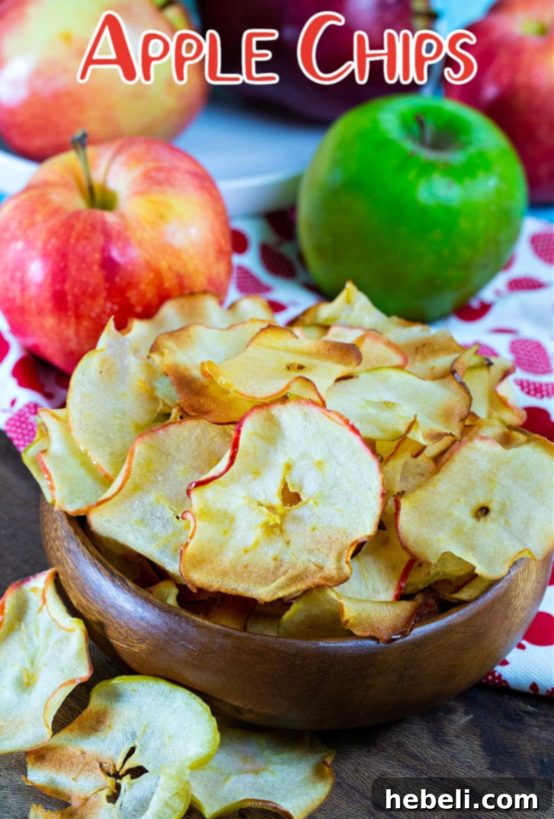 Close-up of golden-brown Caramelized Apple Chips in a white bowl.