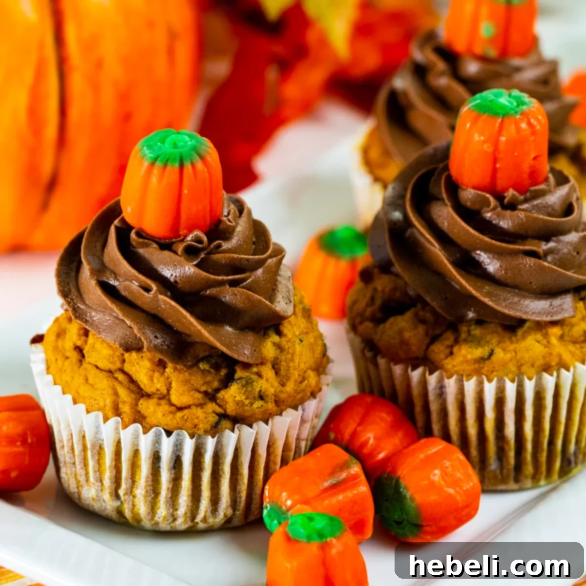 Pumpkin Chocolate Chip Cupcakes with Chocolate Frosting surrounded by festive candy corn pumpkins, showcasing a perfect autumnal scene.